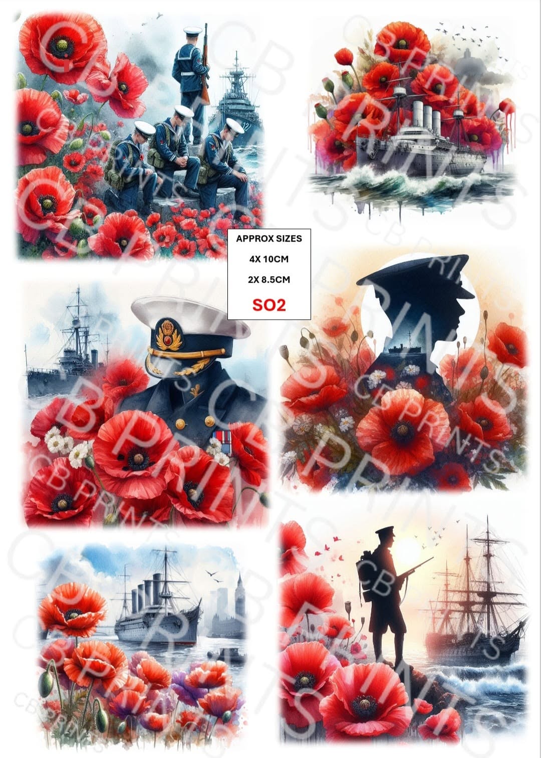 Navy Ship, Soldier & Poppy Decoupage Paper Print SO2 | Mulberry Paper | CB Paper Prints