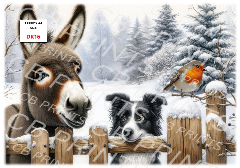 Donkey, Border Collie & Robin Decoupage Paper Print DK15 – Mulberry Paper