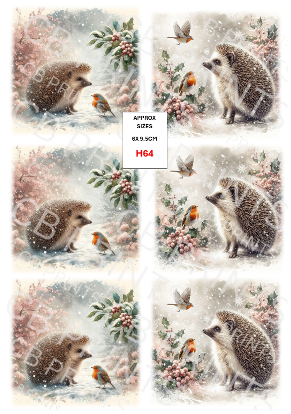 Christmas Hedgehog Decoupage Print H64 | Mulberry Paper
