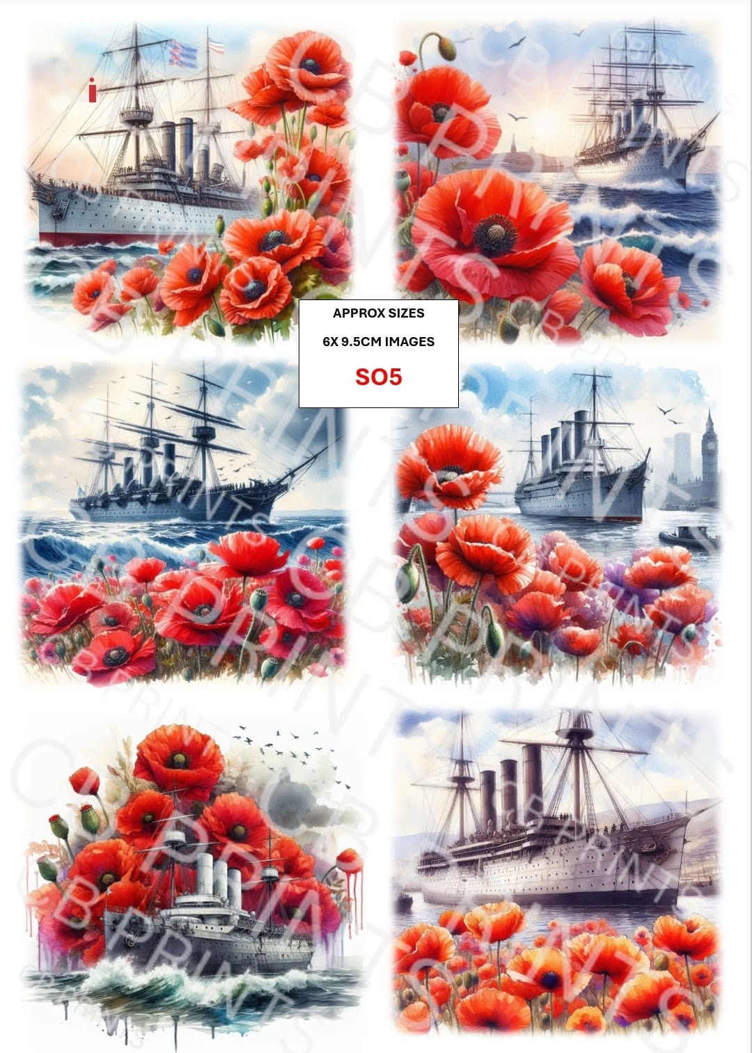Navy Ship & Poppy Decoupage Paper Print SO5 | Mulberry Paper | CB Paper Prints
