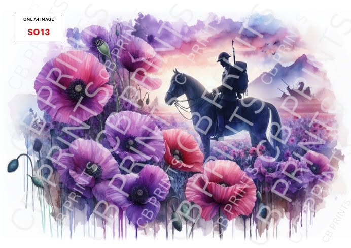 Soldier, Horse & Purple Poppy Decoupage Paper Print SO13 | Mulberry Paper |