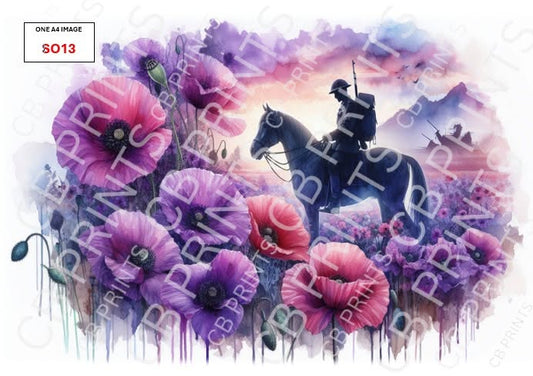 Soldier, Horse & Purple Poppy Decoupage Paper Print SO13 | Mulberry Paper |