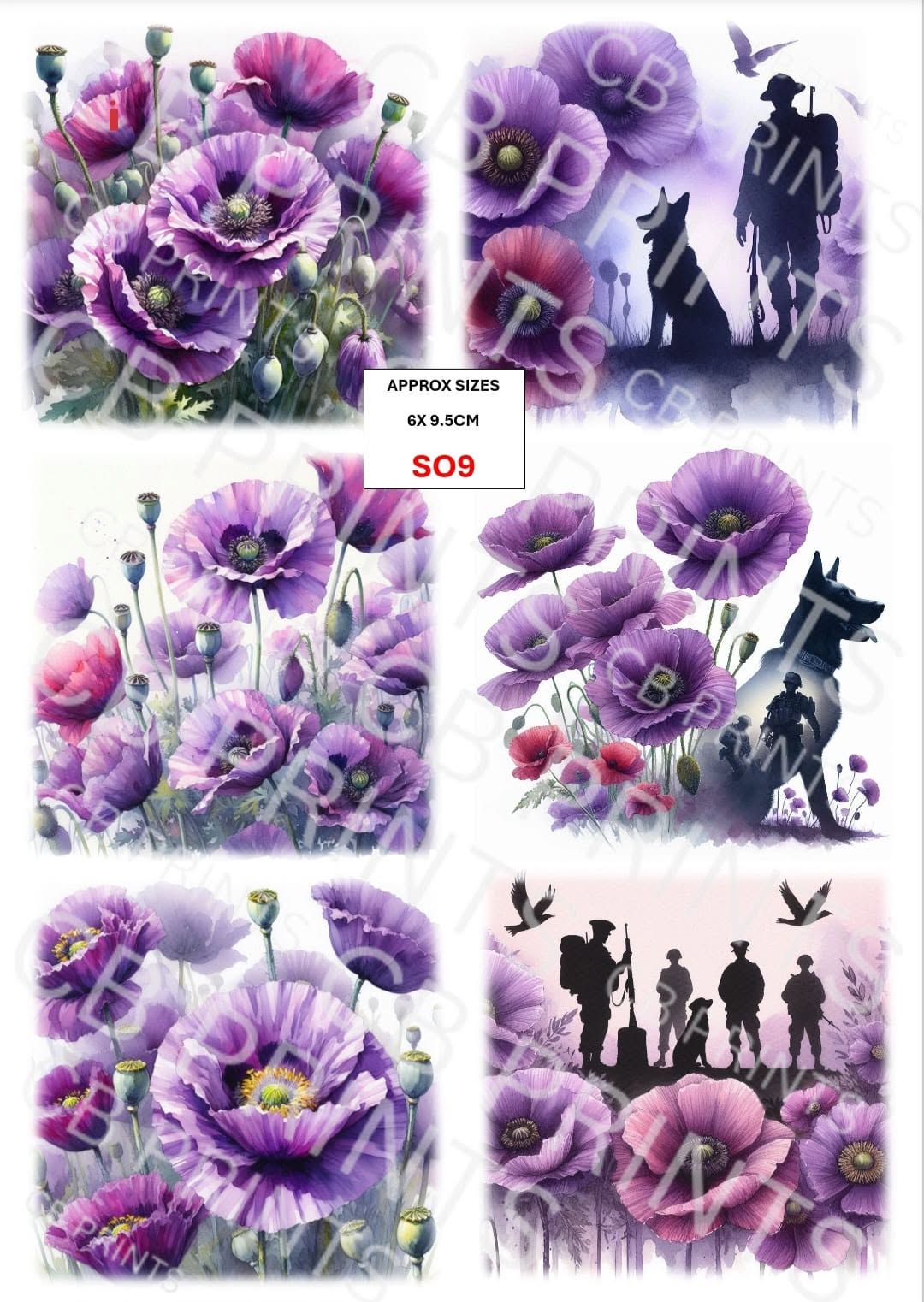 Soldier, Dog & Purple Poppy Decoupage Paper Print SO9 | Mulberry Paper | CB Paper Prints