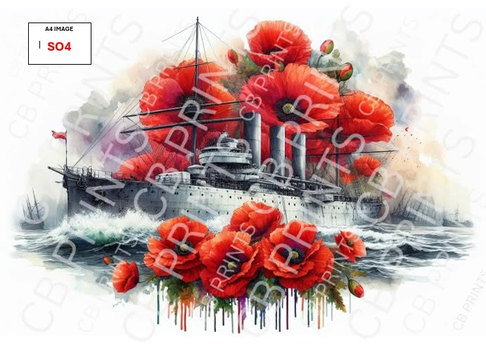 Navy Ship & Poppy Decoupage Paper Print SO4 | Mulberry Paper | CB Paper Prints