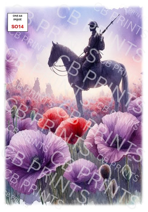 Soldier, Horse & Purple Poppy Decoupage Paper Print SO14 | Mulberry Paper |