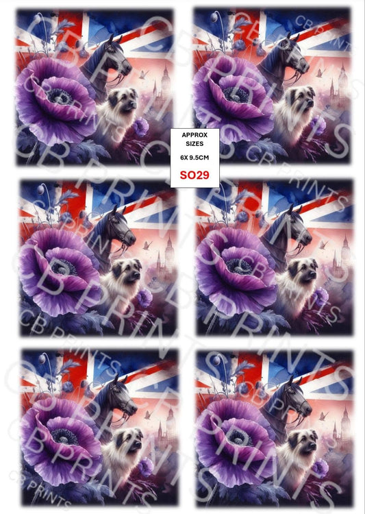 Horse, Dog & Purple Poppy Decoupage Paper Print SO29 | Mulberry Paper |