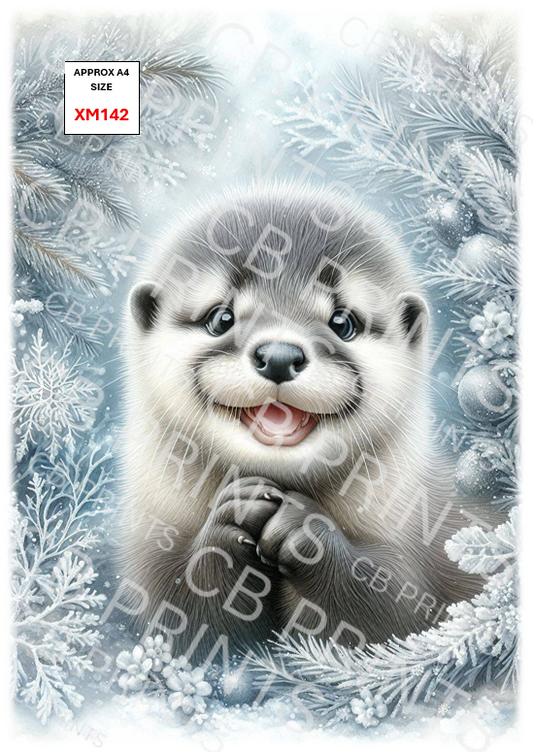 Christmas Otter Decoupage Paper Print XM142 | Mulberry Paper