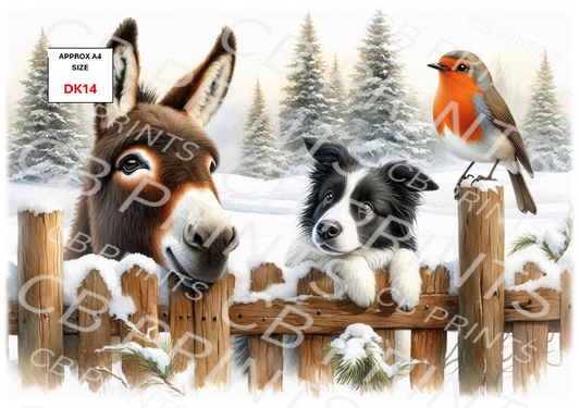 Donkey, Border Collie & Robin Decoupage Paper Print DK14 – Mulberry Paper