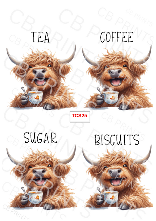 Highland cow Tea Coffee Sugar Decoupage Print TCS25 | Mulberry Paper