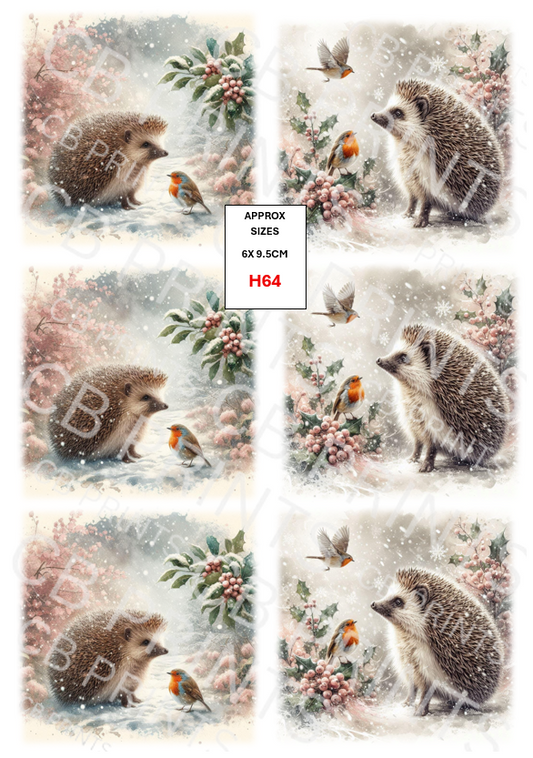 Christmas Hedgehog Decoupage Print H64 | Mulberry Paper
